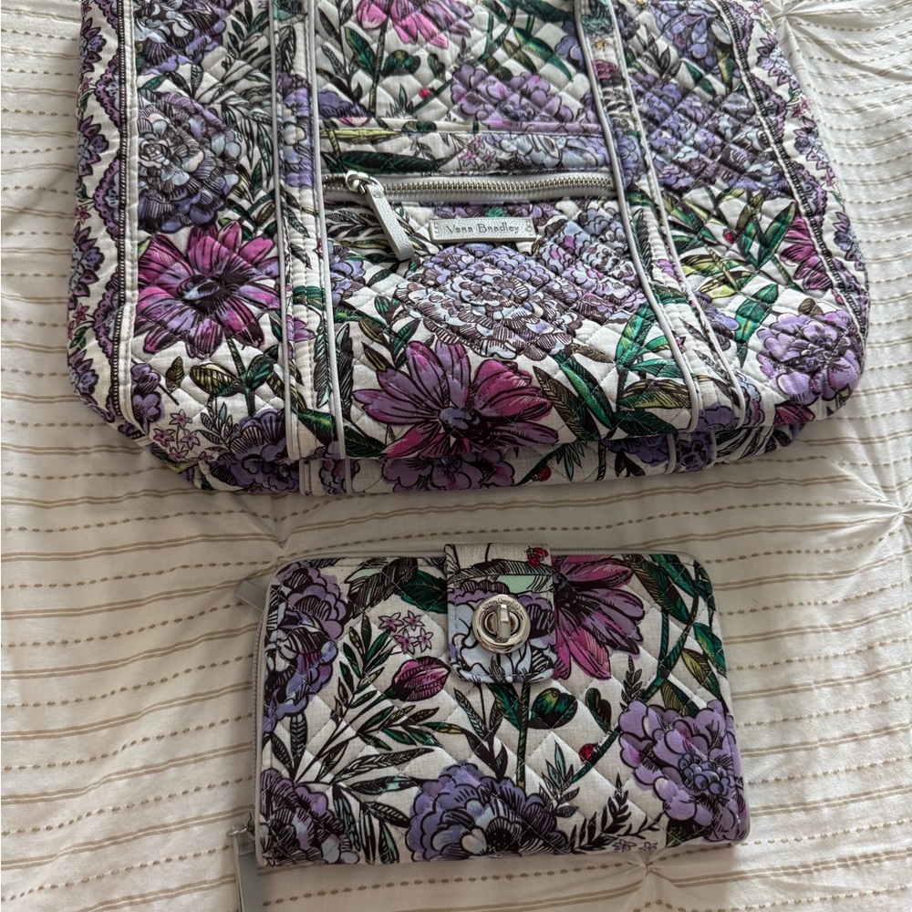 Vera Bradley Lavender Meadow Small Vera Tote and Turnlock Wallet